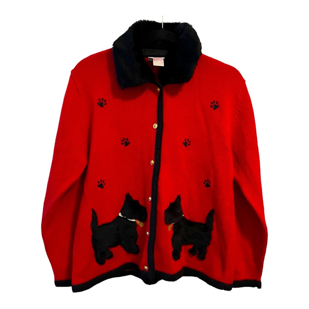 Vintage Scottie Dog Pawprint Cardigan Sweater Faux Fur Removable Collar Size S